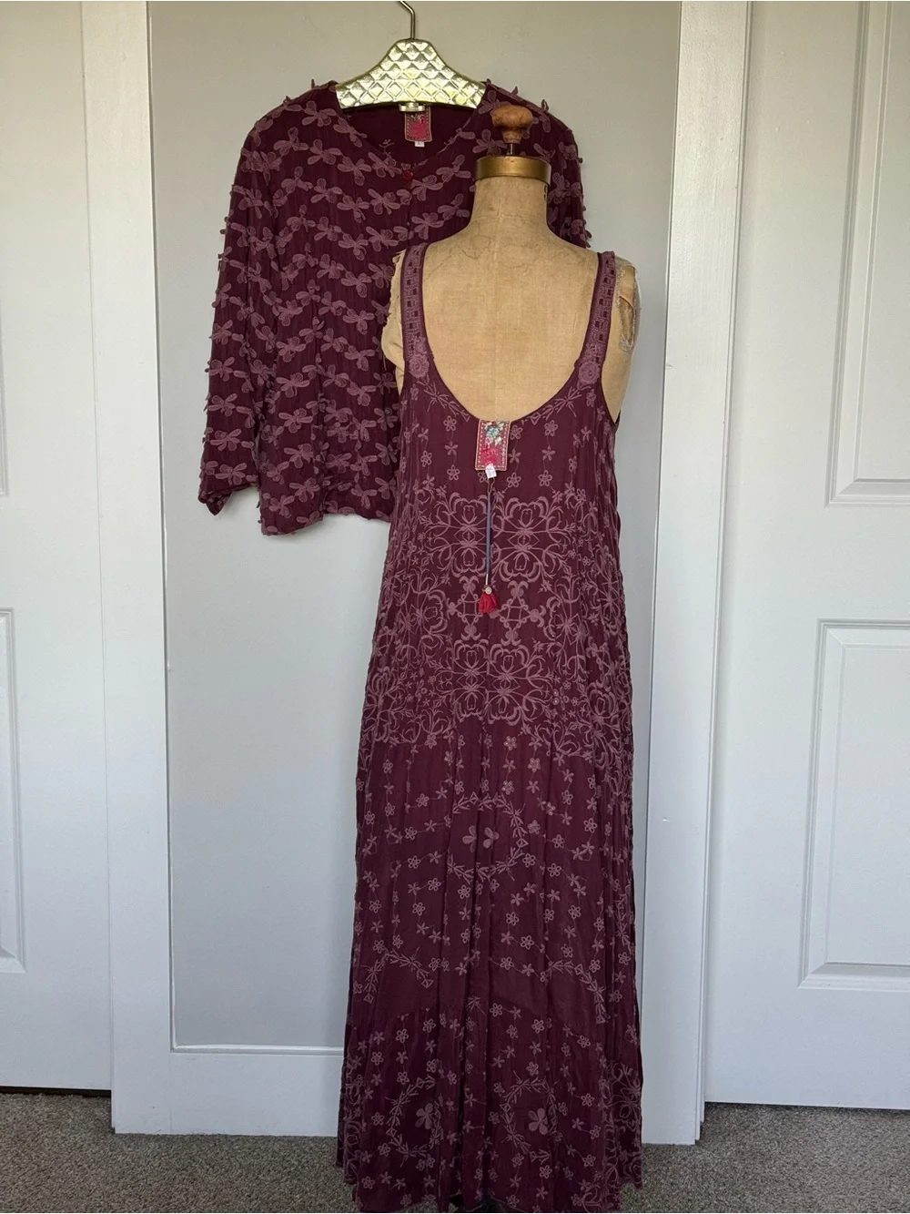 Johnny Was Burgundy Plissé Mesh Embroidered Maxi Dress & Matching Jacket Set S/L